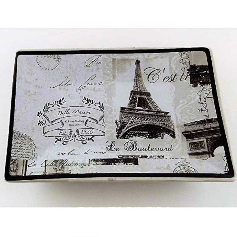 Paris Eiffel Tower Trinket Jewelry Tray Soap Dish Ceramic Black White